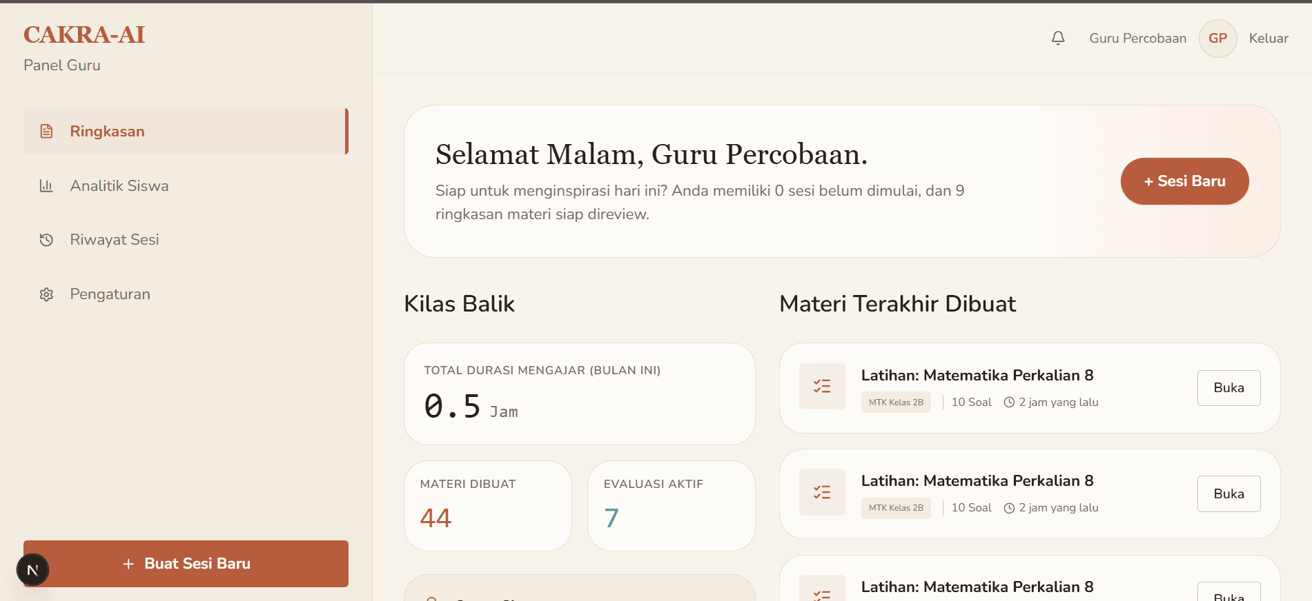 Ringkasan panel guru menampilkan sesi mengajar dan materi terakhir dibuat